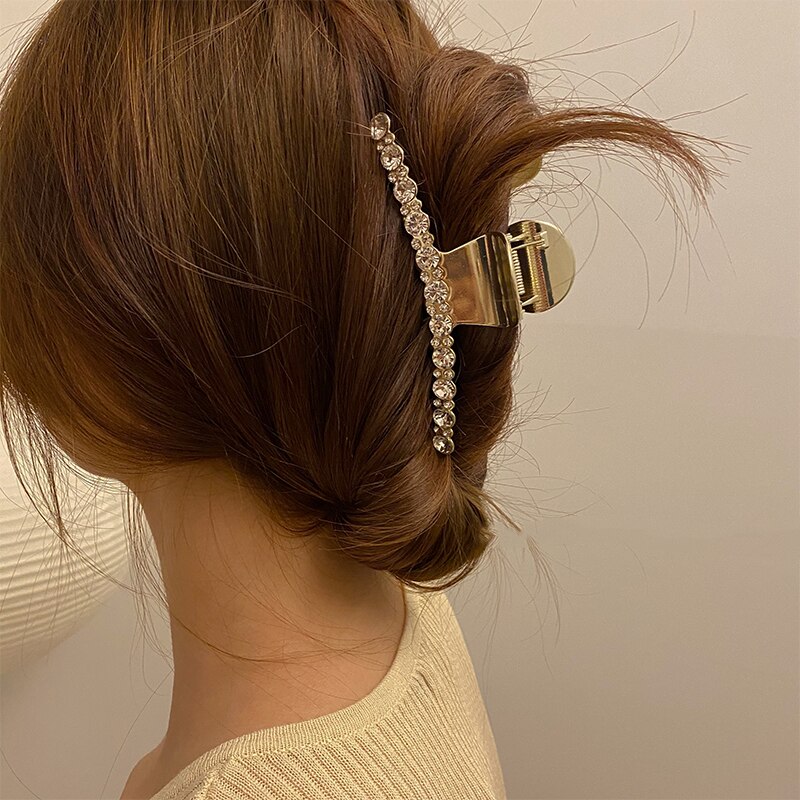 HUANZHI Trendy Metal Geometric Pearl Rhinestone Hair Grip Large Clip for Women Hair Accessories Hair Style Make