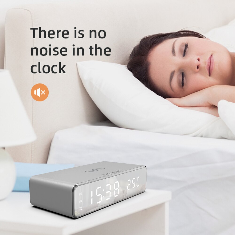 LED Electric Alarm Clock With Mobile Phone Wireless Charger HD Clock Mirror With Time Memory Digital Thermometer Clock