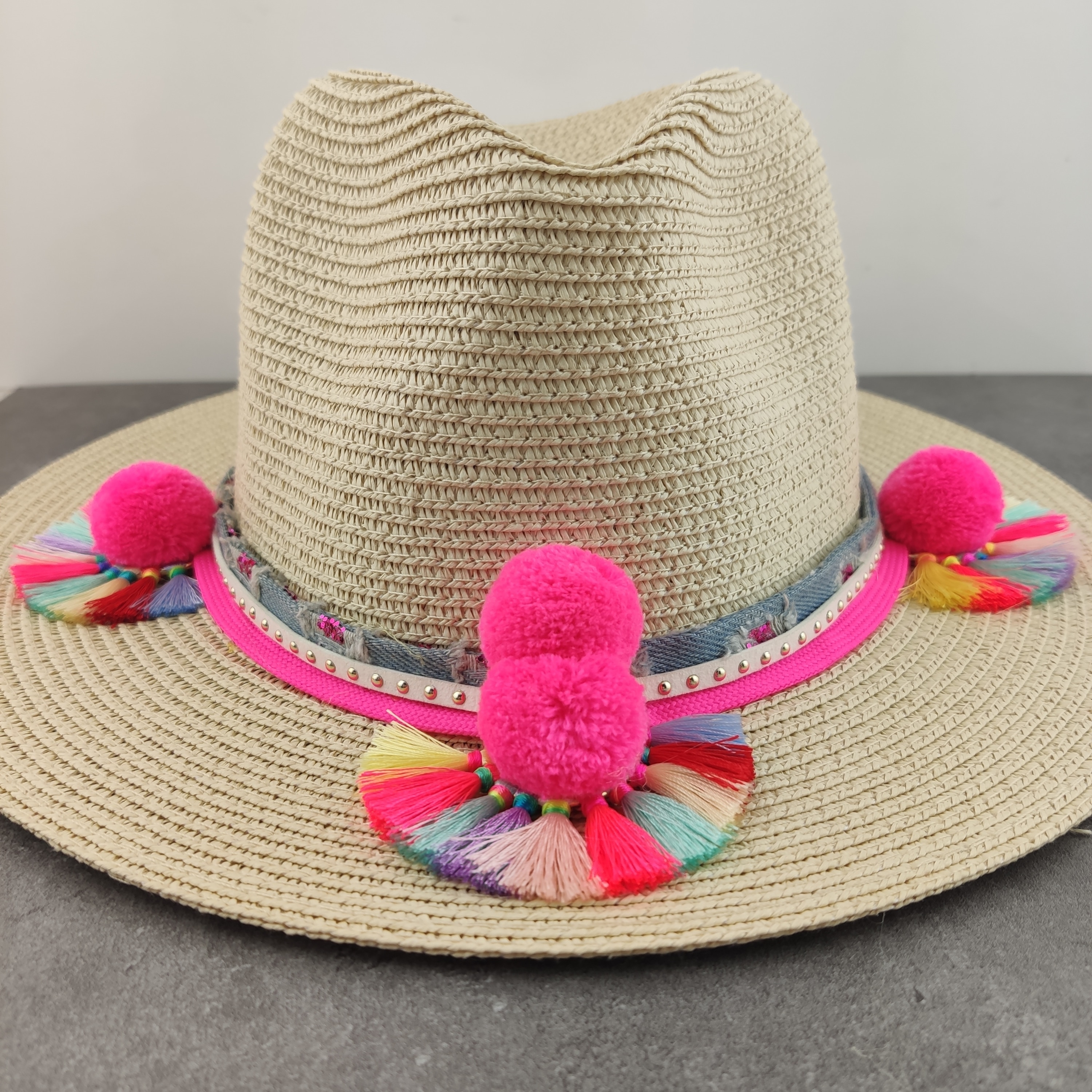Boho stil solhat bred skygge floppy sommerhatte til kvinder strand panama stråkuppel blomsterhat femme skyggehat