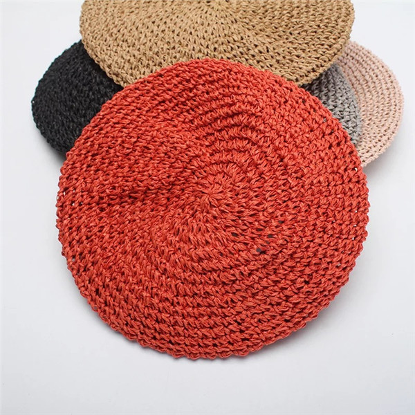 Originale håndkrog kvinder papyrus beret hatte damer flad halm solid kasket forår efterår: Orange rød