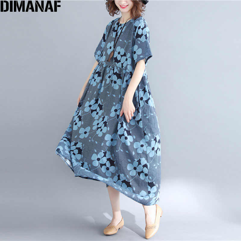 DIMANAF-vestido de lino de talla grande Vintage para mujer, vestido holgado de talla grande, azul, para playa y vacaciones de verano,: Default Title