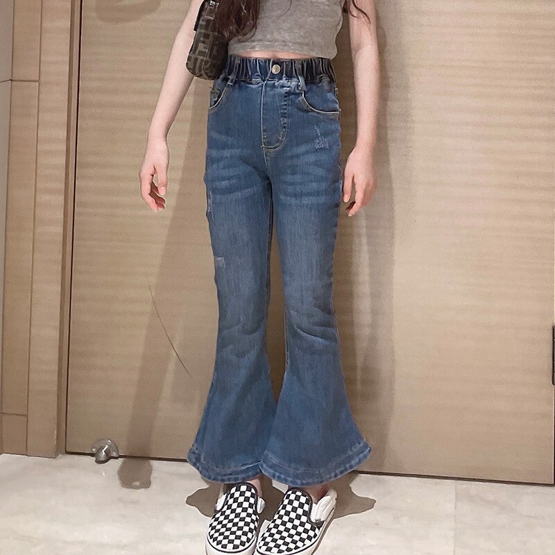 Pantalones vaqueros ajustados para niñas adolescentes, Jeans sólidos Retro informales para niños pequeños, pantalones de corte de bota, 12, 14 y 16 años, novedad de Primavera de 2022