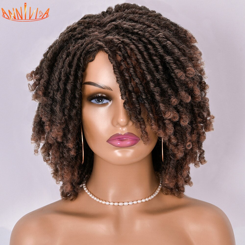 Short Dreadlock Hair Wig Curly Synthetic Soft Faux Locs Wigs With Bangs For Black Women Ombre Crochet Twist Hair Wigs Annivia: 1B-30