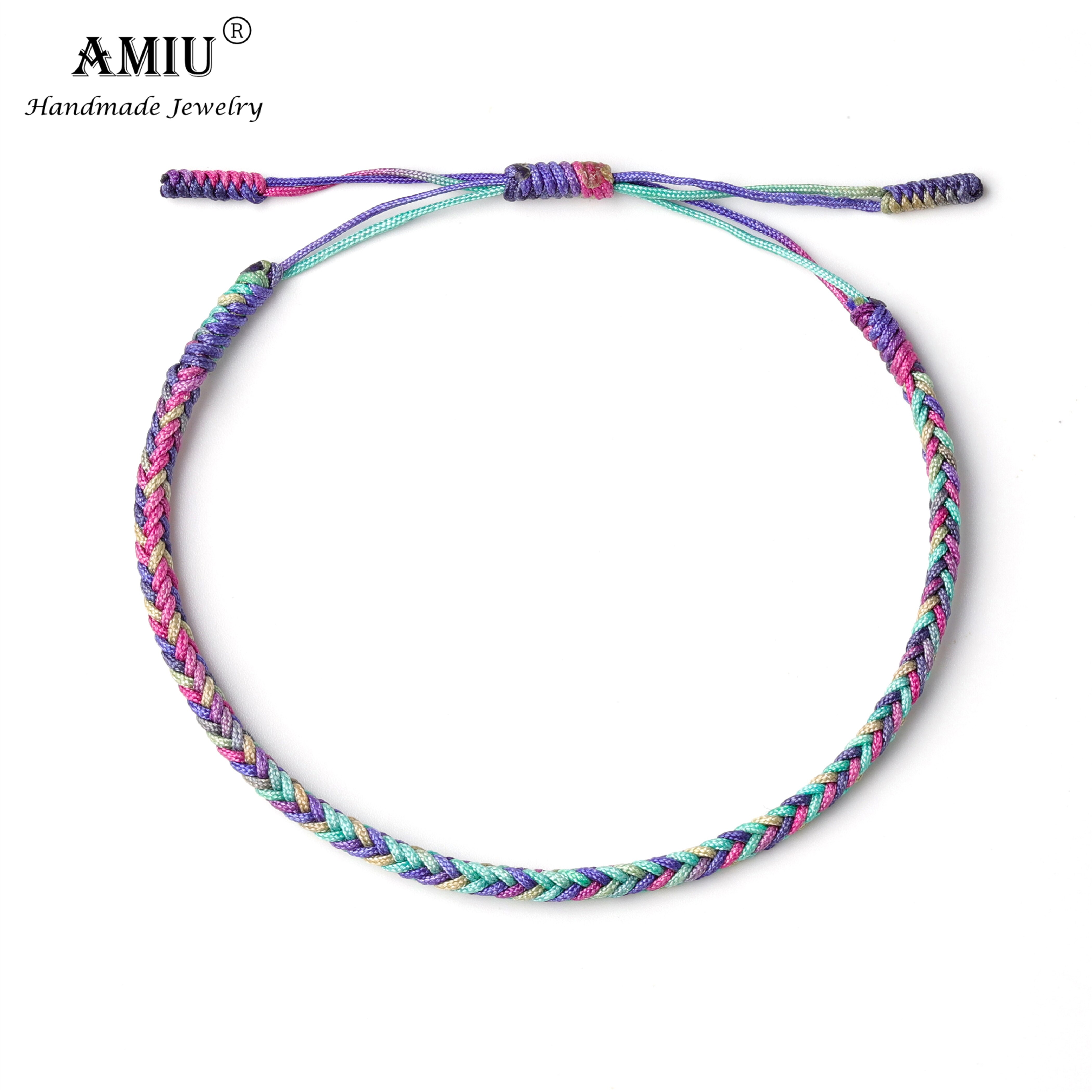 AMIU-Pulseras de la suerte Budista Tibetano hechas a mano, pulseras de colores degradados, amuleto de nudos de cuerda de , pulsera trenzada del Tíbet