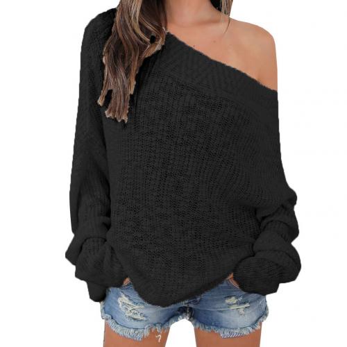 Damebluse efterår vinter ensfarvet langærmet off shoulder strikket løs sweater dame rullekrave: Sort / Xl