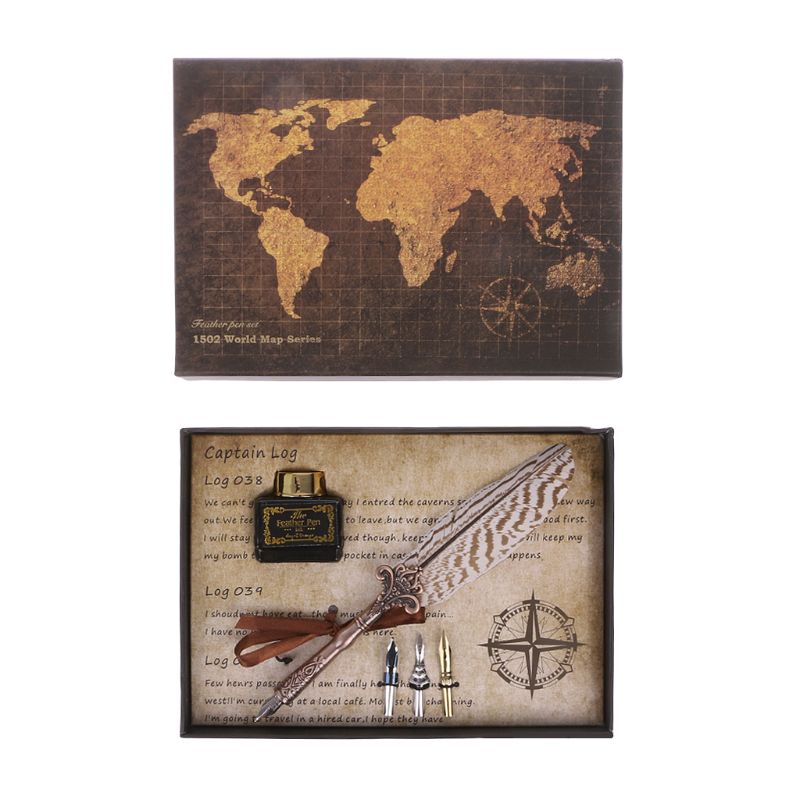 Antique Quill Feather Dip Pen Writing Ink Set Stationery Box Fountain Pen