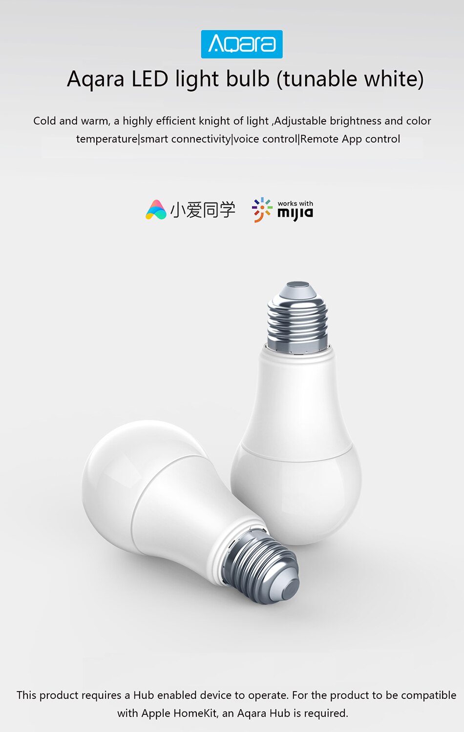Aqara-bombilla inteligente Zigbee para el hogar, lámpara con control de brillo, aplicación remota Mihome, Color blanco, 9W