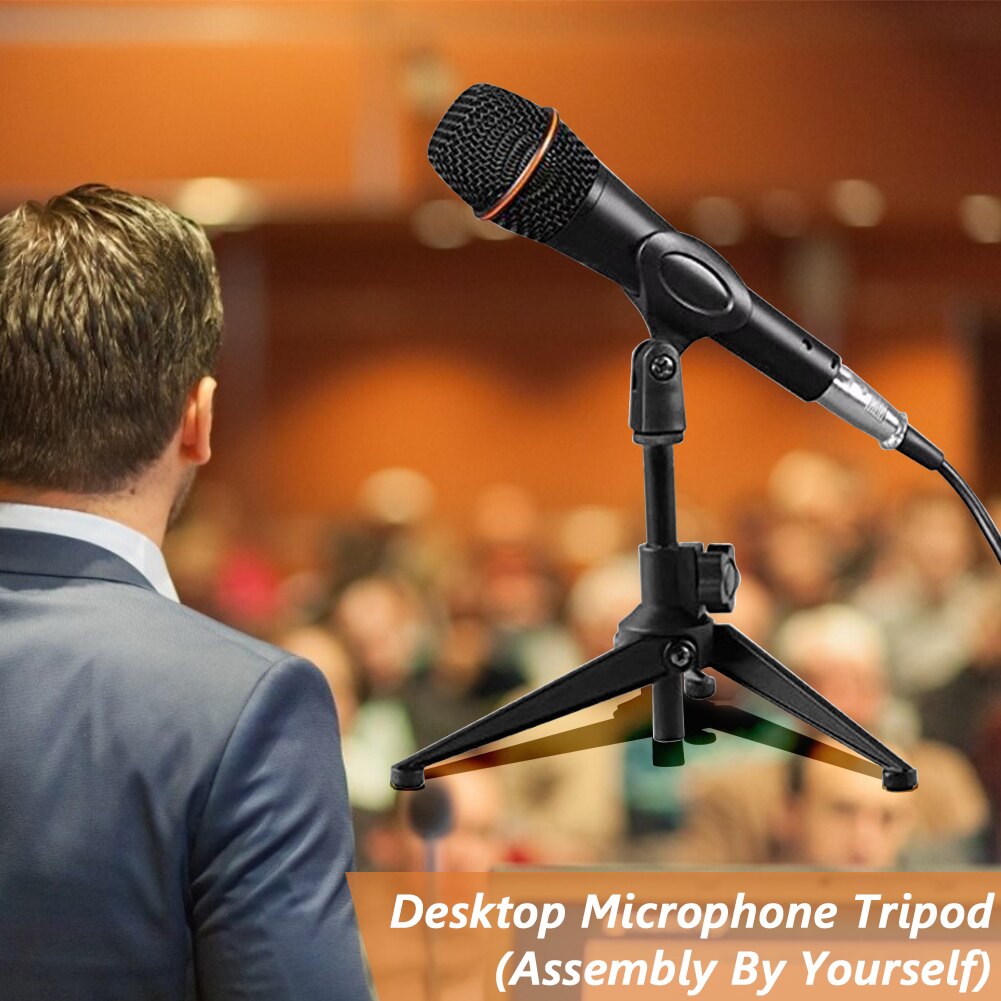 Foldable Desktop Microphone Tripod Stand Height Adjustable Karaoke Holder with Mic Clip for Meetings Lectures Live