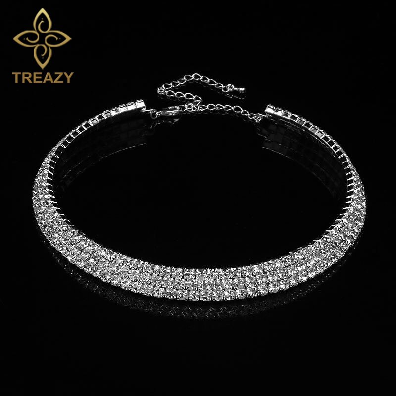 TREAZY Women Diamante Rhinestone Choker Necklace Silver Color Wedding Bridal Party Crystal Collar Choker Chain Necklace Jewelry: Silver 3 Row Crystal