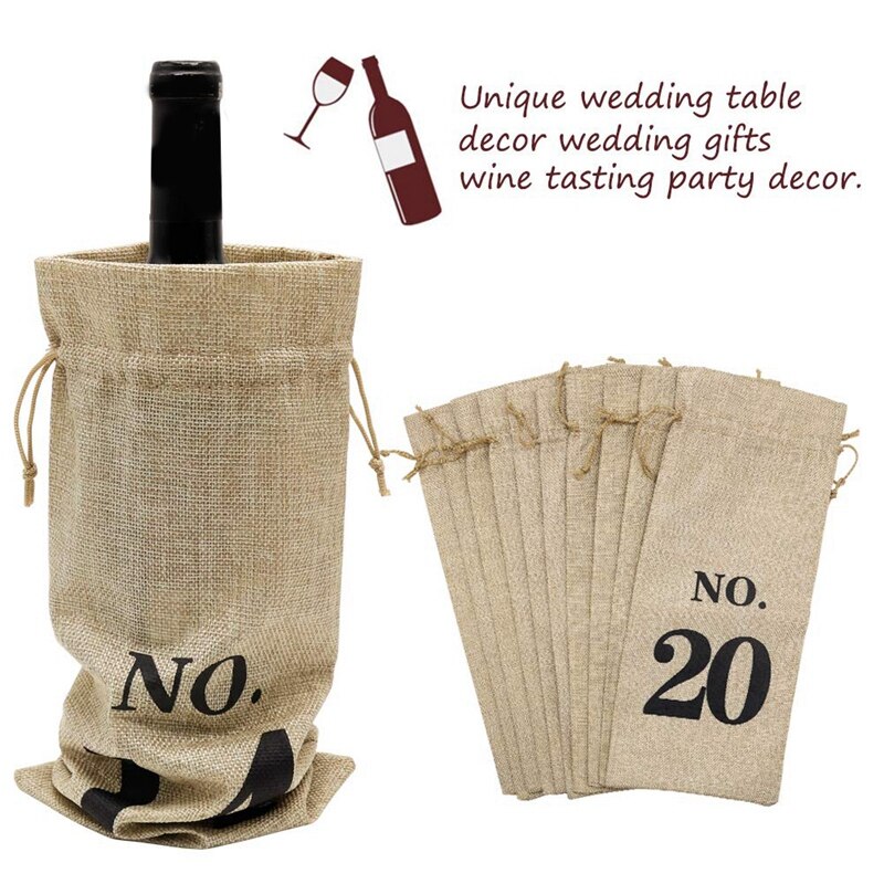 10Pcs Jute Wine Bags, Hessian Numbered Wine Bottle Bags with Drawstring for Blind Wine Tasting for Christmas Wedding Party