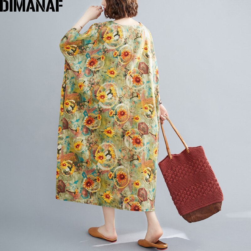 DIMANAF Summer Plus Size Dress Women Clothing Sundress Linen Floral Print Lady Vestido Loose Long Dress Oversize 5XL 6XL