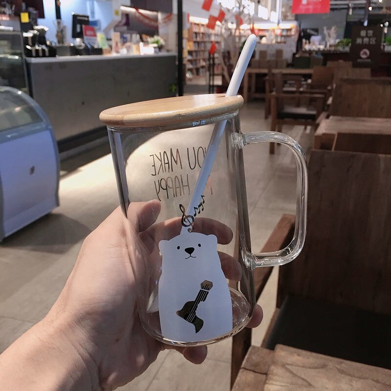 High borosilicate glass Glass Cup Bear Pattern Transparent Glass Bottle Drinking tea cup with Straw with Lid Cute Large Capacity: with cover straw8