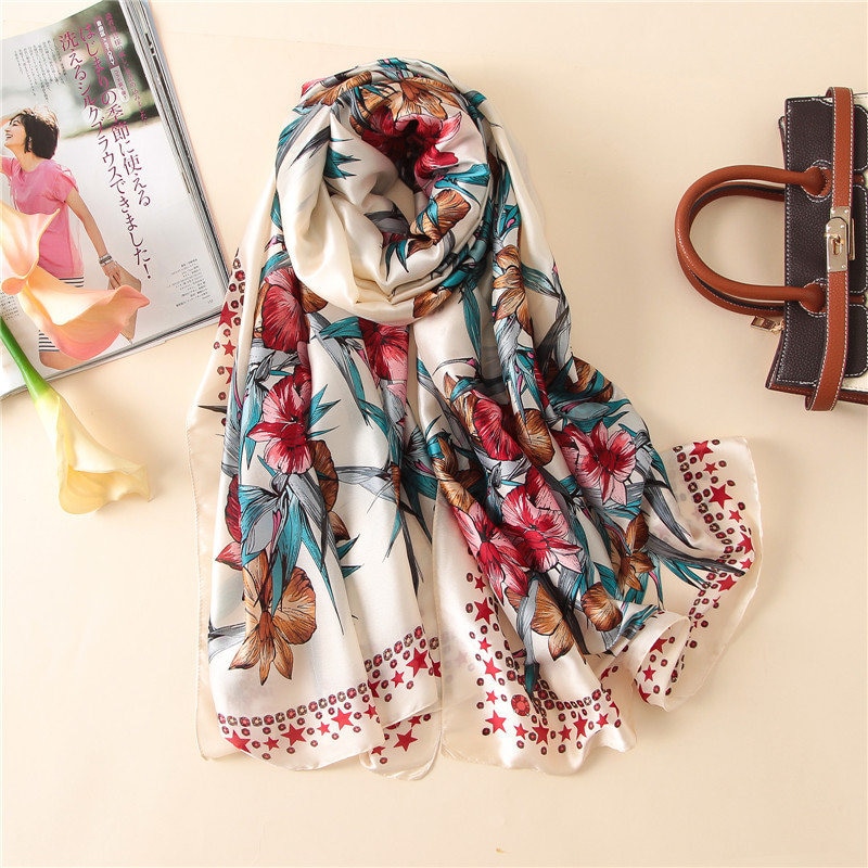 Stil kvinnor strand vacker blomma fin sjal siden dam höst och vinter populärt tryck scarves hijab
