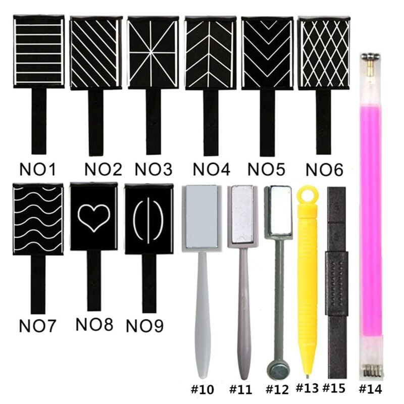 Nail Art Magnetic Nail Magnet Stick Nail Magnet Tool Set 15Pcs Nail Art Kit Flower Line Stripe Nail Magnet