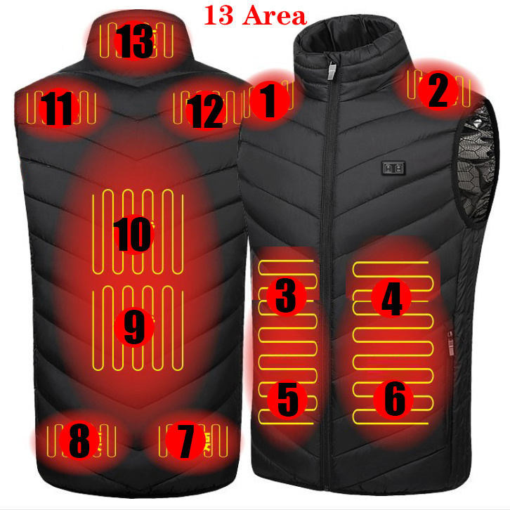 Chaleco calefactable de 17/13 lugares para hombre y mujer, chaqueta con calefacción por Usb, ropa térmica, chaleco de caza, chaqueta calefactora de invierno, BlackS-6XL