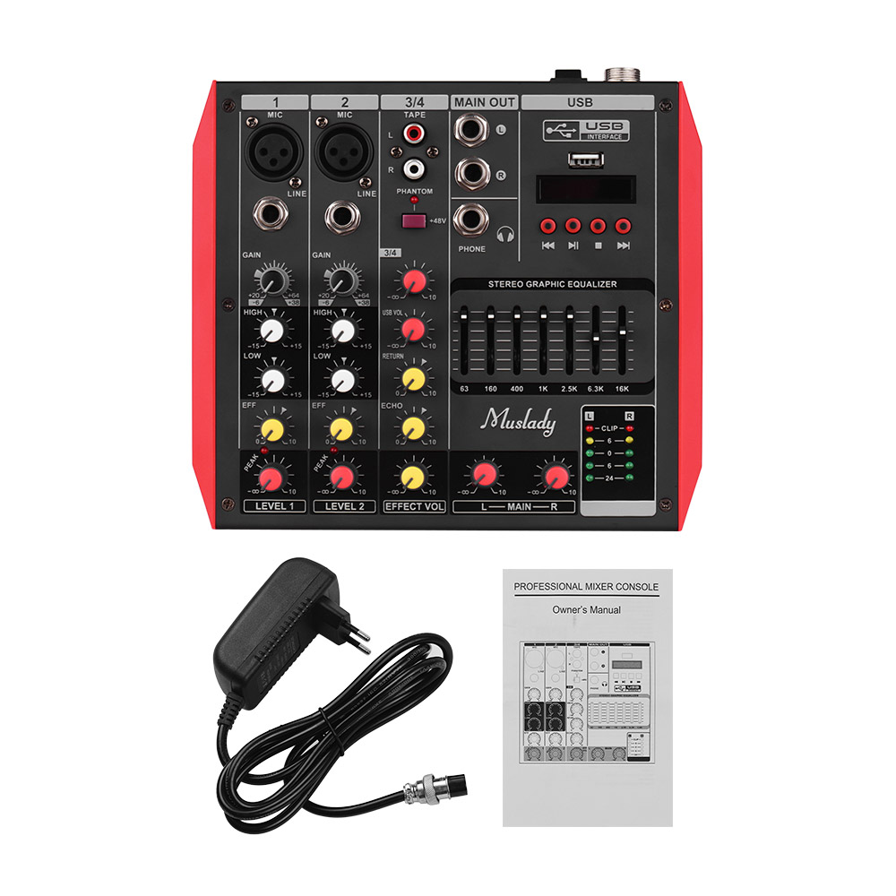 Muslady D6 6-Channel Mixing Console Mixer 7-band EQ Built-in48V Phantom Power Supports BT Connection USB MP3 Player for Karaoke: 4-Channel-EU
