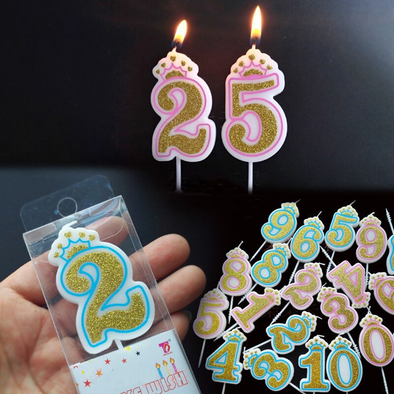 Happy Birthday Cake Topper Number Candle 0-9 Sliver Pink/Blue Cake Crown Children Birthday Grft Party Cake Decoration