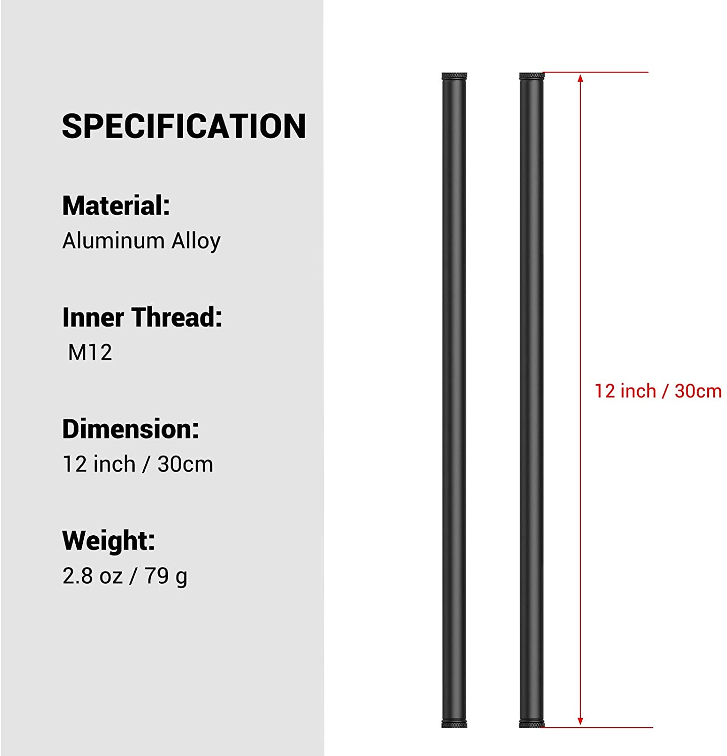 SmallRig 2pcs 15mm Black Aluminum Alloy Rod (M12-40cm) 16 inch Long Rods - 1054