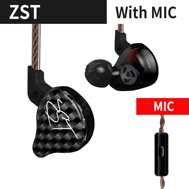 Kz zst/zst pro zst x 1dd + 1ba híbrido in-ear fone de ouvido com cancelamento de ruído fone de ouvido com microfone cabo de substituição zsx zs10pro zsnpro zstx: Black with mic ZST