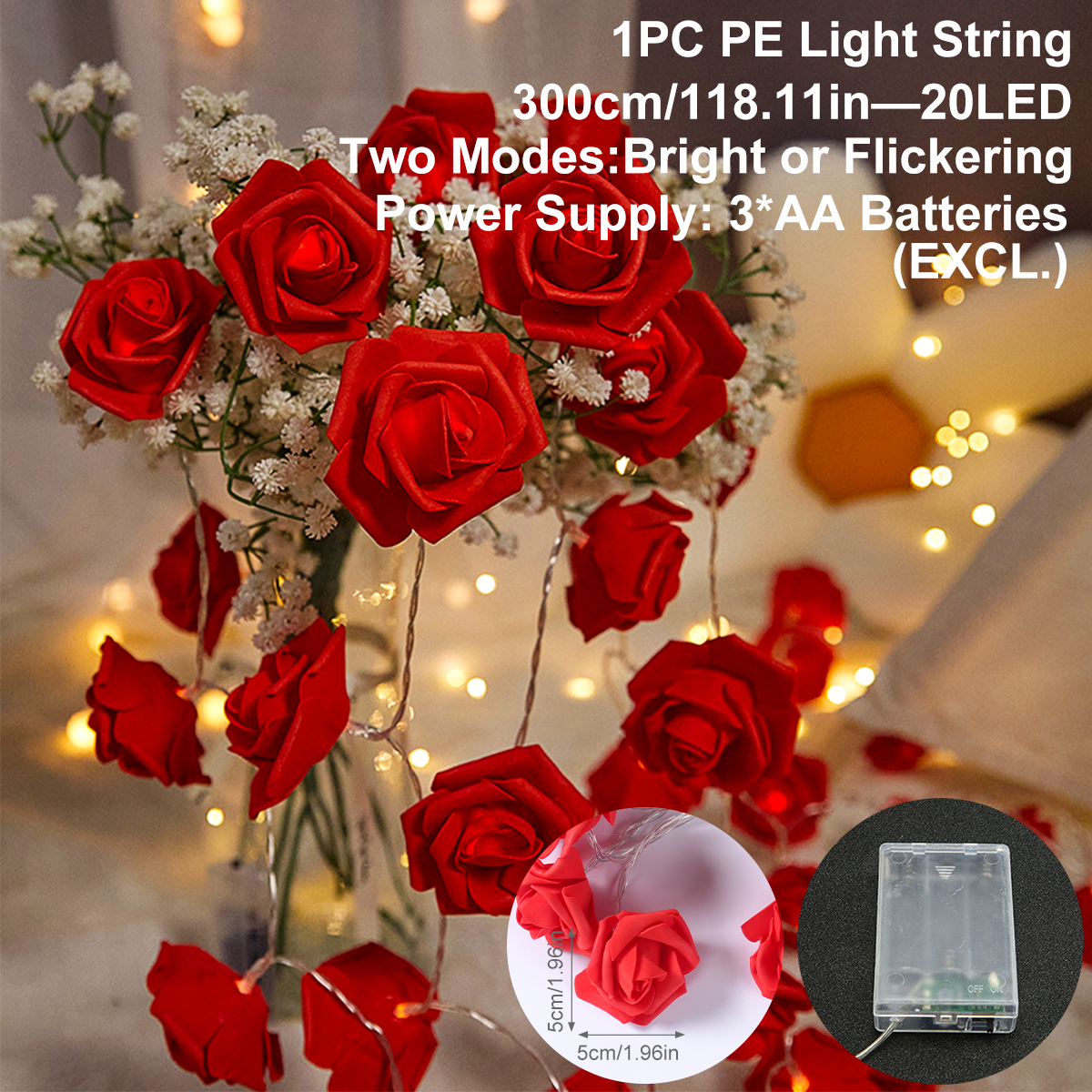 Guirnalda de luces LED con forma de rosa de 2m y 10LED, decoración de boda y cumpleaños, del Día de San Valentín, decoración de árbol de Navidad para el hogar y al aire libre: Gris claro