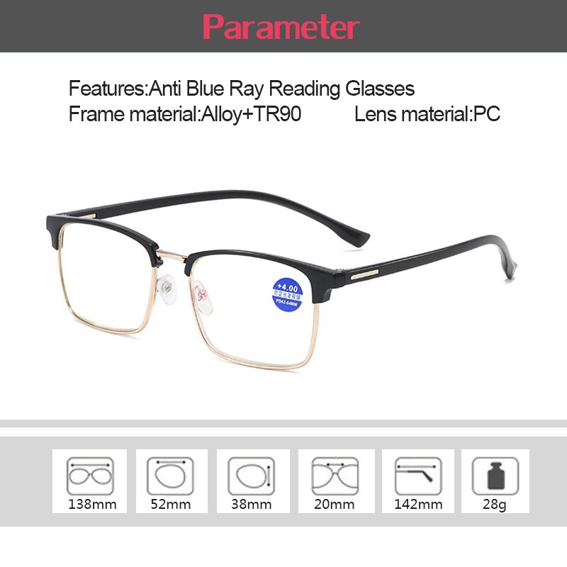 Anti Straling Blue Ray Filter Man Leesbril Metalen Frame Vrouwen Leesbril Mode Longsighted Bril