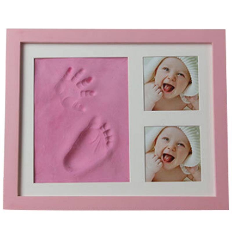 Baby Hand & Voet Print Handen En Voeten Mold Maker Massief Houten Fotolijst Met Cover Vingerafdruk Modder Set Baby groei Memorial: Pink
