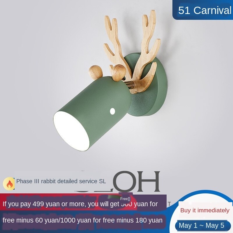 Wandlamp van ijzeren gewei, ganglamp, kinderkamerlamp, bedlamp in scandinavische stijl, lamp van smeedijzeren hout