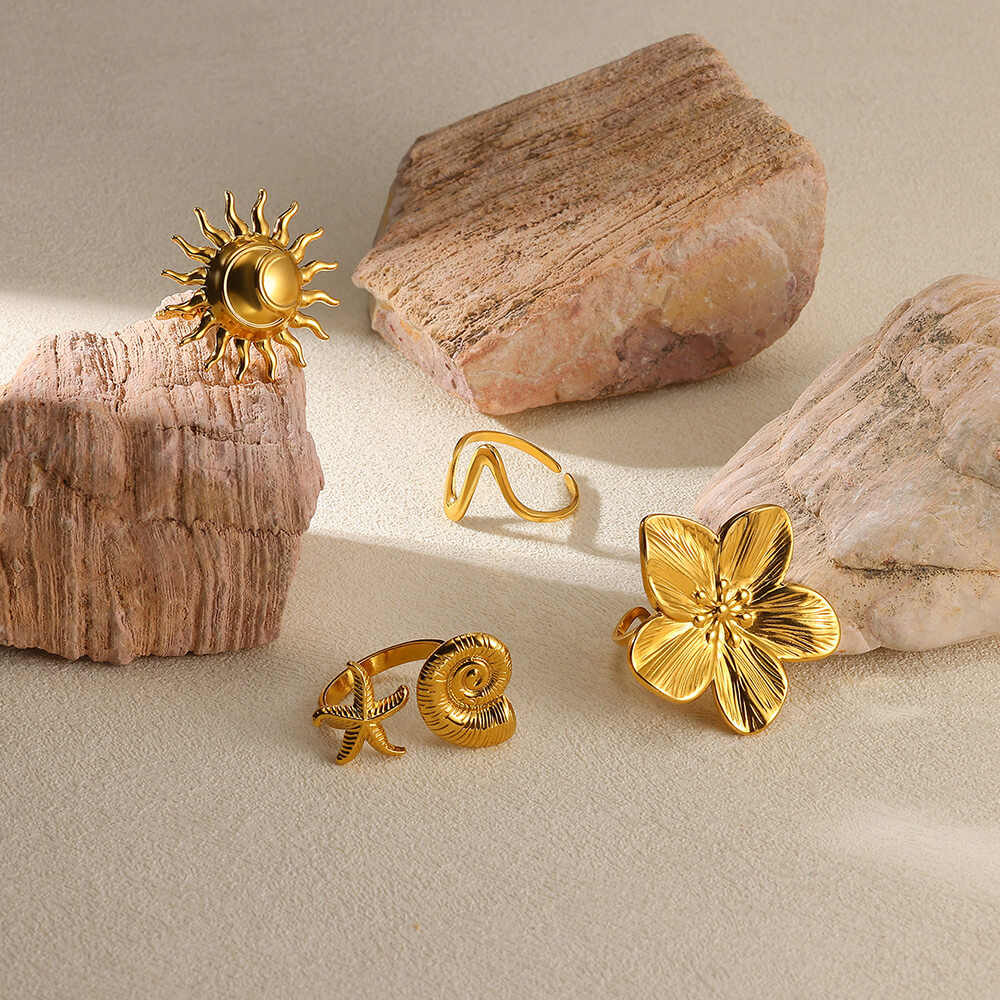 Bagues élégantes en acier inoxydable pour femmes, grande fleur, couleur or, soleil, étoile de mer, anneau ouvert, bijoux de doigt, de mariage, Punk