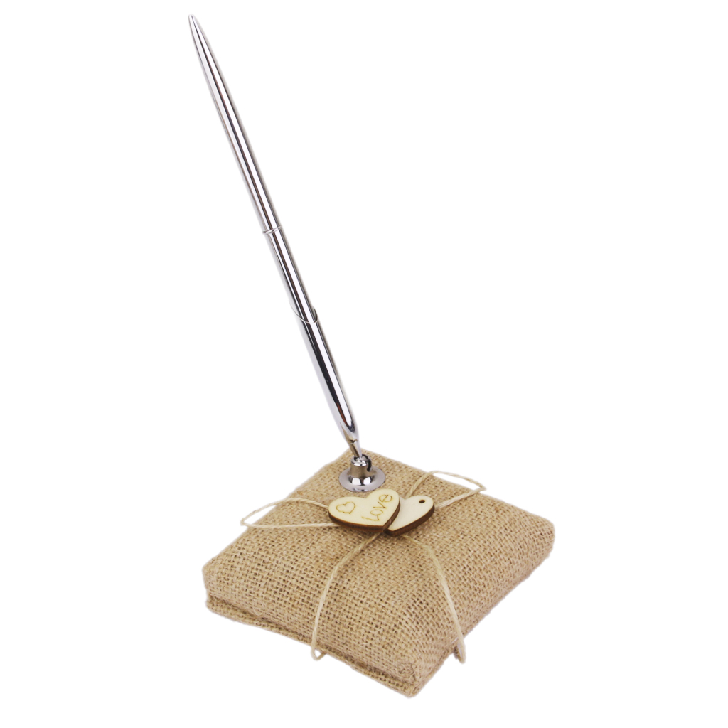 Vintage säckväv pennställ och pennset för bröllop bröllopsmottagning trä hjärtan dekor part händelse favor gäster barn