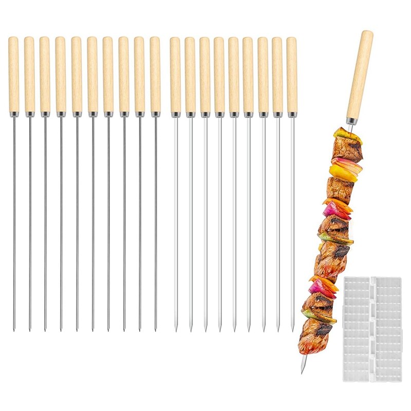 Kebab Skewers, 20 Pcs Stainless Steel BBQ Skewers Reusable Metal Skewer Sticks Flat And Round Barbecue Grilling Skewers