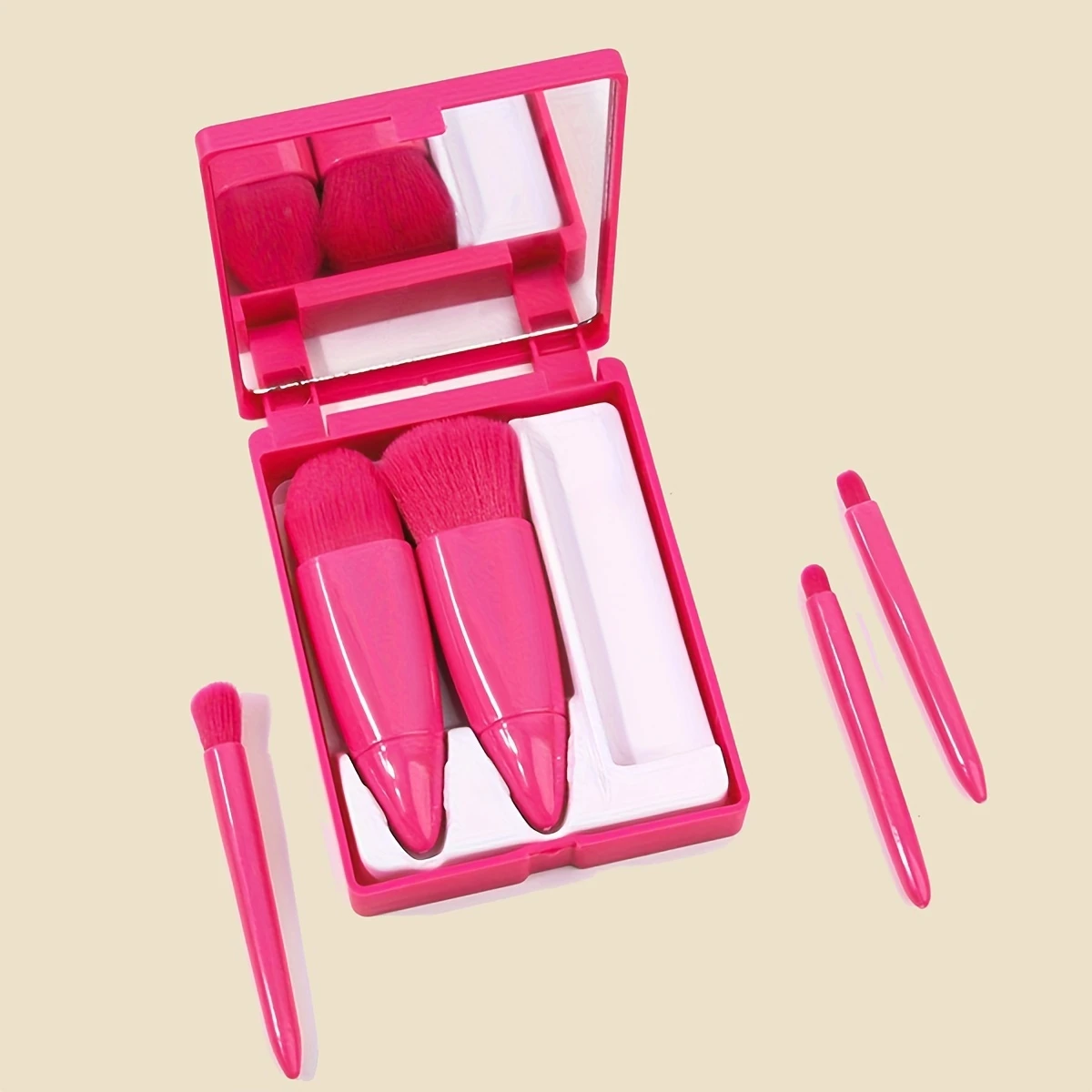 5-teiliger Kosmetikpinsel, tragbarer Make-up-Pinsel für unterwegs, mit Spiegelbox, Make-up-Set, Pinsel, loser Pinsel, Rougepinsel, Lidschattenpinsel: Rot