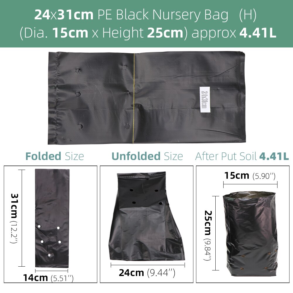 Bolsas de plástico de polietileno para vivero, macetas de cultivo de plantas de tela con agujeros transpirables para cultivo doméstico, suministros de jardinería, color negro, 100 piezas: Black 24x31m