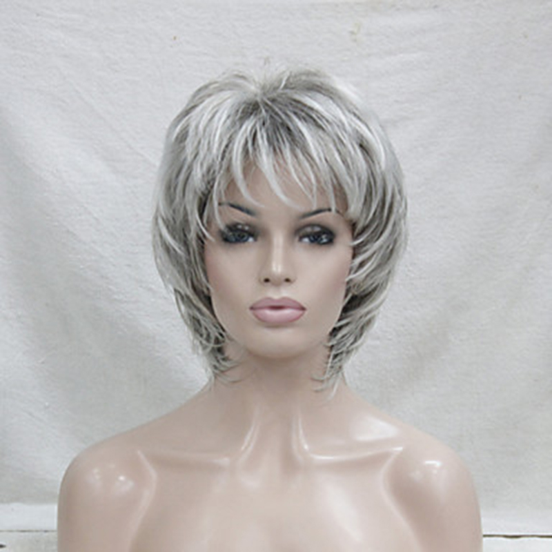 Hairjoy syntetiskt hår peruk lockig pixie-frisyr lager-på-lager med lugg markerade balayage grå peruk: Default Title