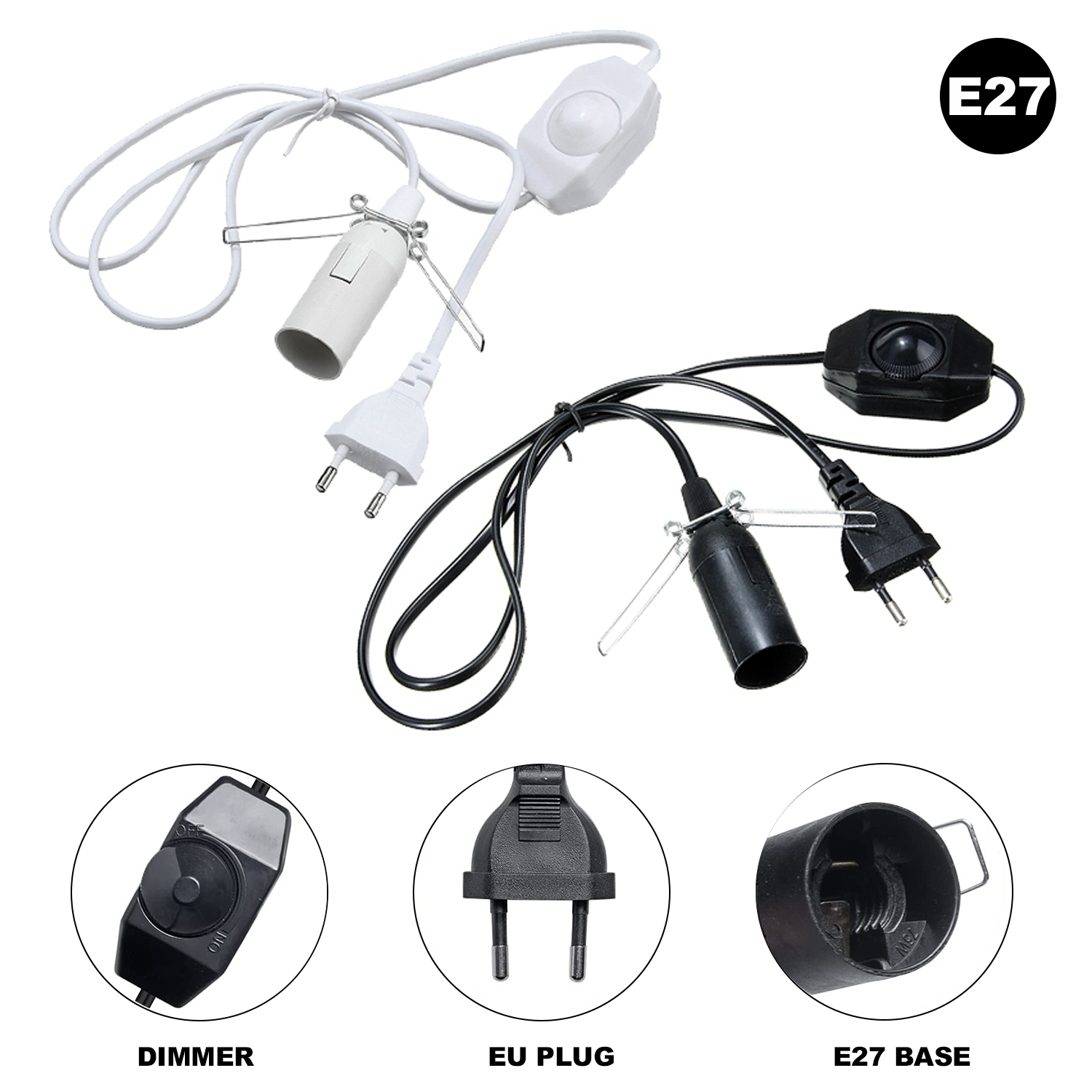 GANRILAND Przewód lampy Wtyczka EU E14 E27 Gniazdo 1.8M Dekoracyjny czarno-biały uchwyt lampy z przełącznikiem Ściemniacz Przewód zasilający: Black / 2g7