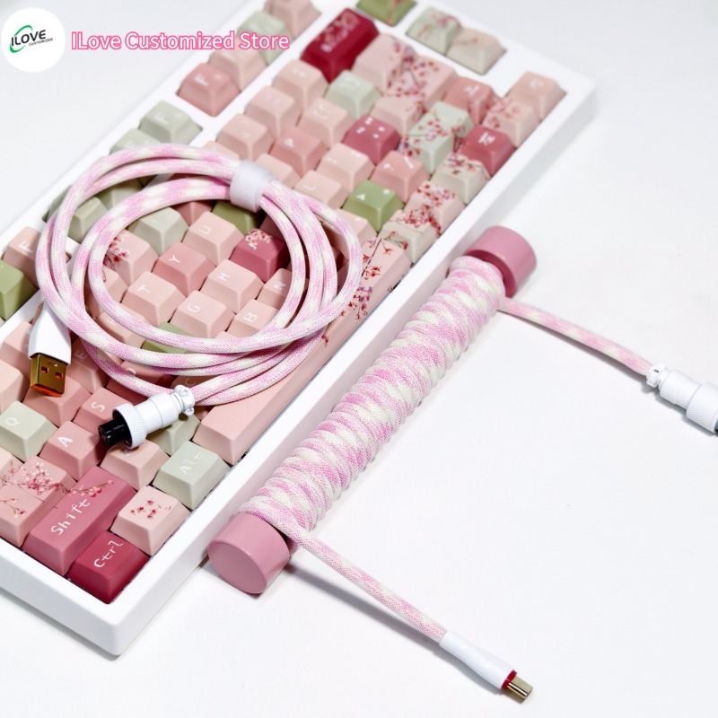 Coiled Keyboard Cable USB C + Protection Rod for Mechanical Gaming Keyboard Double-Sleeved Wire with Detachable Metal Aviator