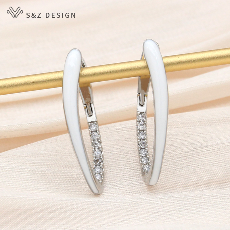 S&Z Mode Goud Kleur Groen Emaille Dangle Oorbellen Voor Vrouwen Bruiloft Zirconia Sieraden: Reddish Brown