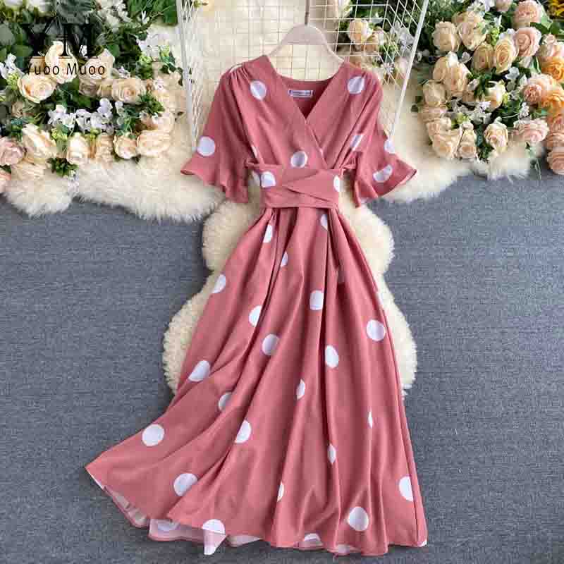 YuooMuoo-robe à bandes, tenue Vintage, à pois, col en V, tenue de soirée, tenue élégante, rouge, été: Corail Rouge