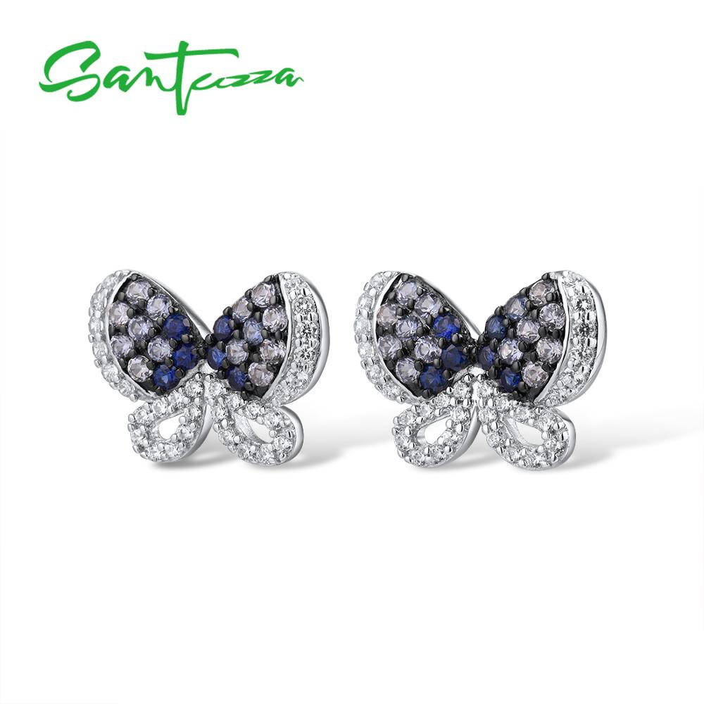 SANTUZZA Silber Ohrringe Für Frauen Echtes 925 Sterling Silber Elegante Blau Schmetterling modisch Zucht Ohrringe серьги Edlen Schmuck