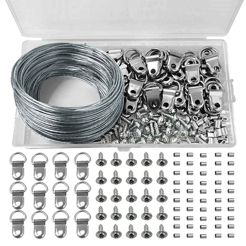 170 stuks schilderijhangers d-ring fotolijst ophanghaak crimpbuis schroef met 30m ophangdraden olieverfschilderij spiegellijst decoratie