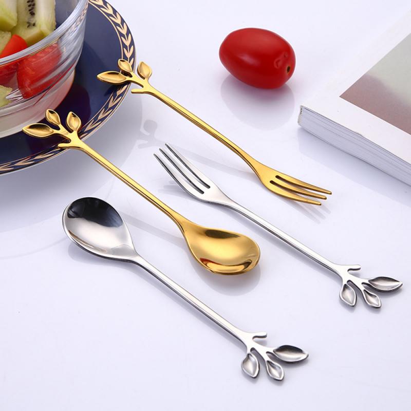 1pc Originality Leaf Metal Coffee Spoon Small Luxury Cute Coffee Stirring Spoon Stainless Steel Seasoning Dessert Fork Teaspoon