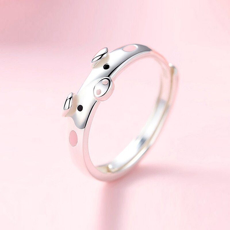 Cute Pink Enamel Pig Rings Popular Lucky Piggy Animal Couple Opening Ring Women Man Jewelry Lover Adjustable 2PCS