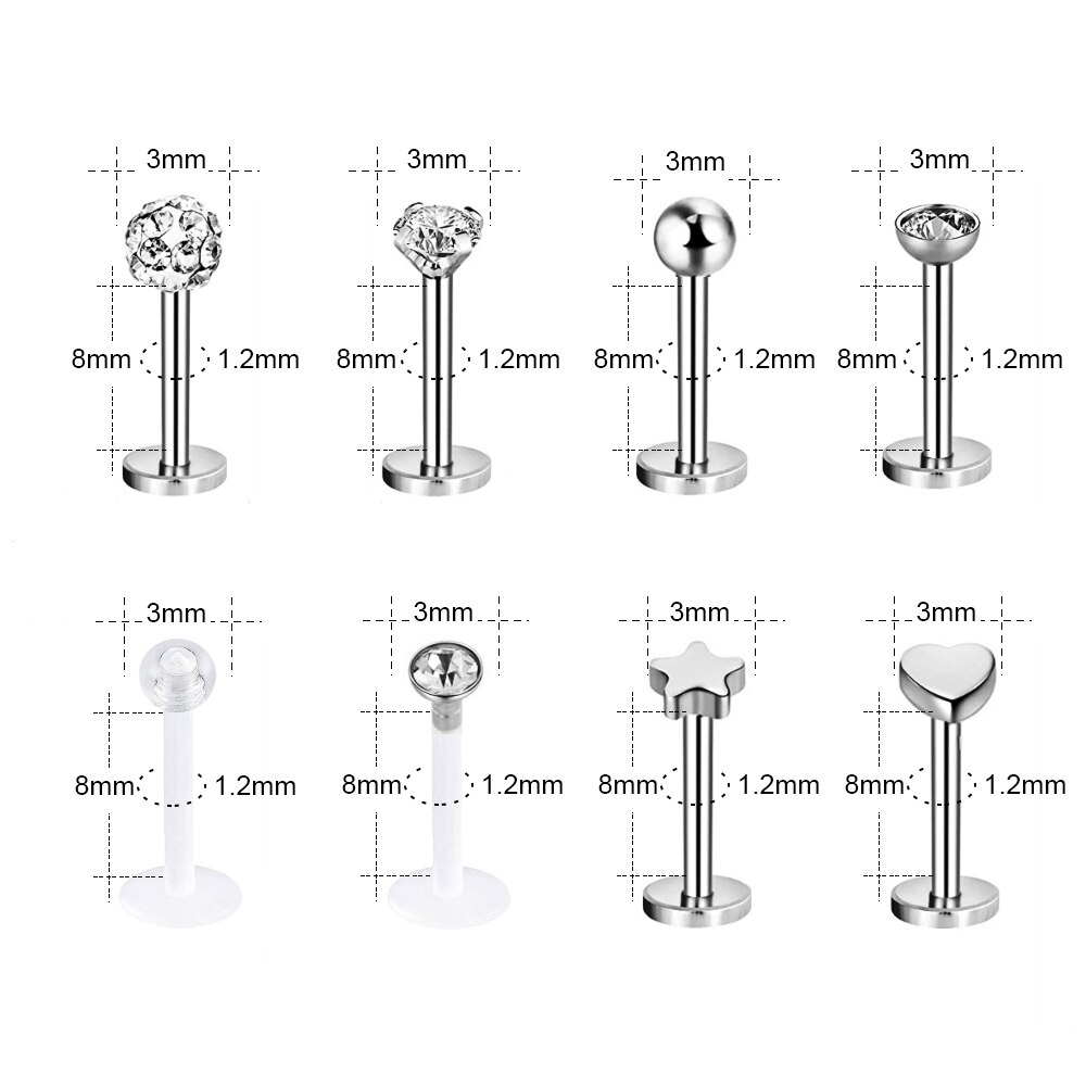 12~16Pcs/Lot Stainless Steel Lip Labret Piercing Studs Set Lengua Monroe Barbell Lip Ring Tragus Cartilage Conch Ear Piercing