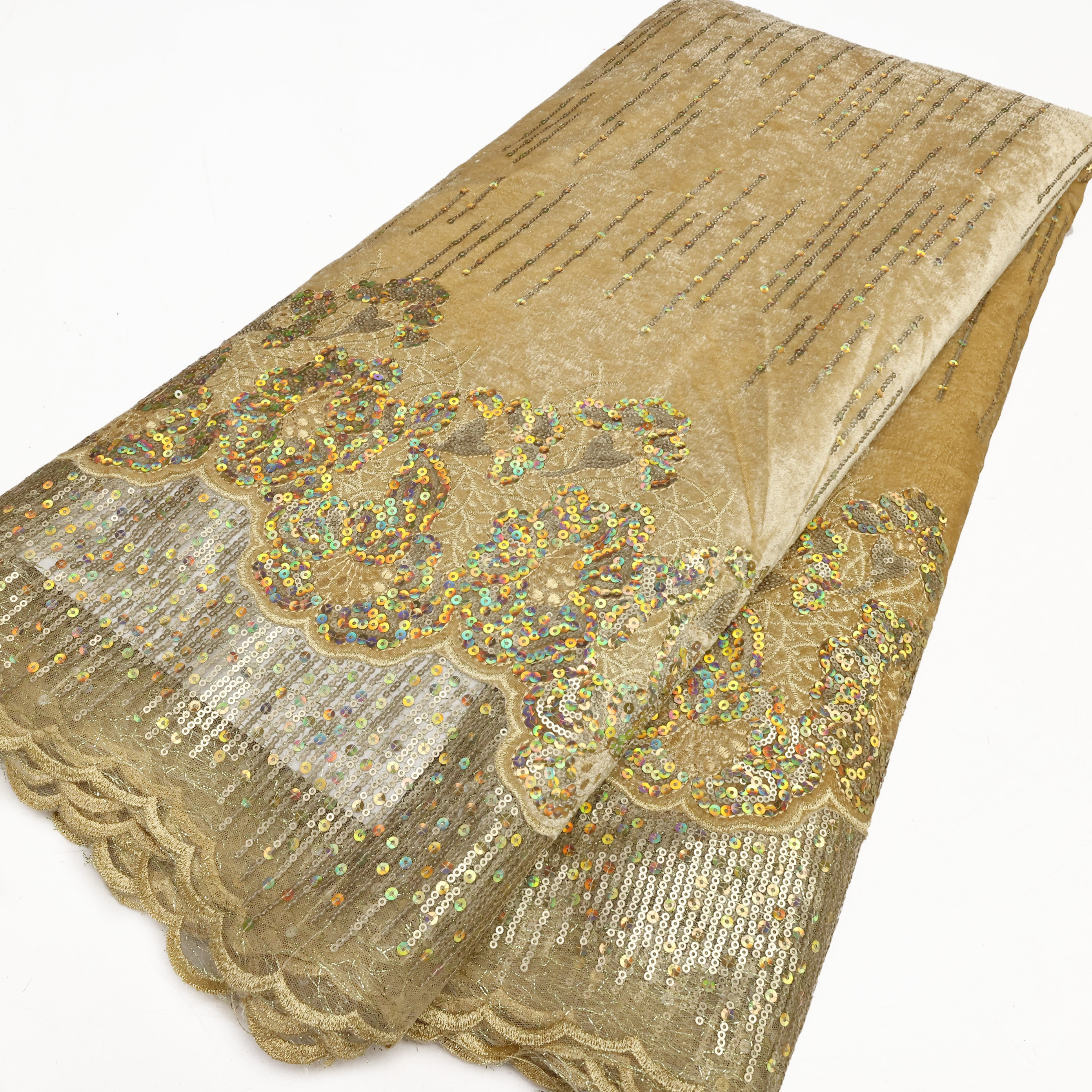 Tessuto di pizzo di velluto africano di moda tutto'ingrosso di alta qualità donne partito paillettes ricamo materiali di pizzo nigeriano: Ottone antico / 5yard