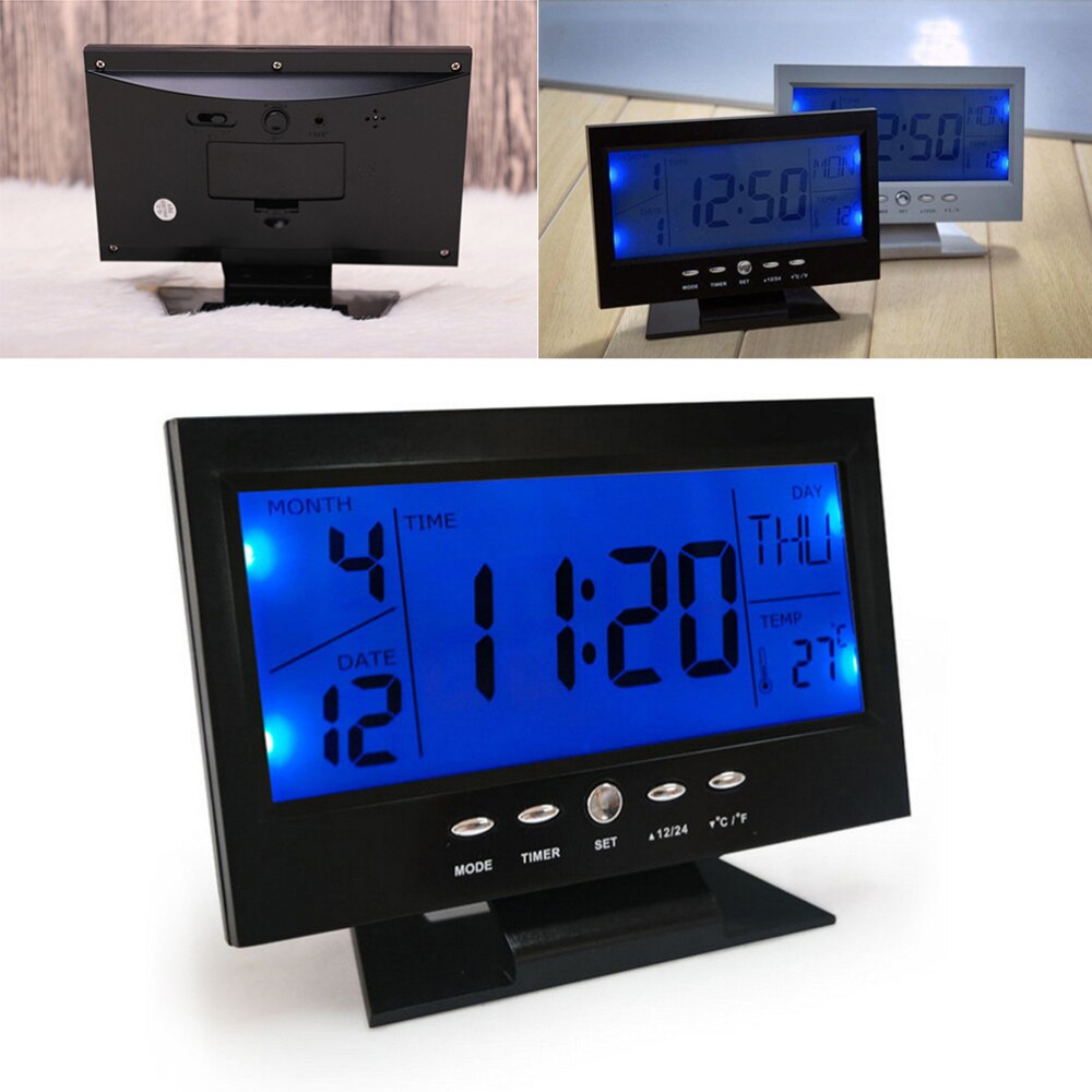 World Time Large Screen Modern Digital Alarm Clock LCD LED Backlight Snooze Large Digit Desk (Black)
