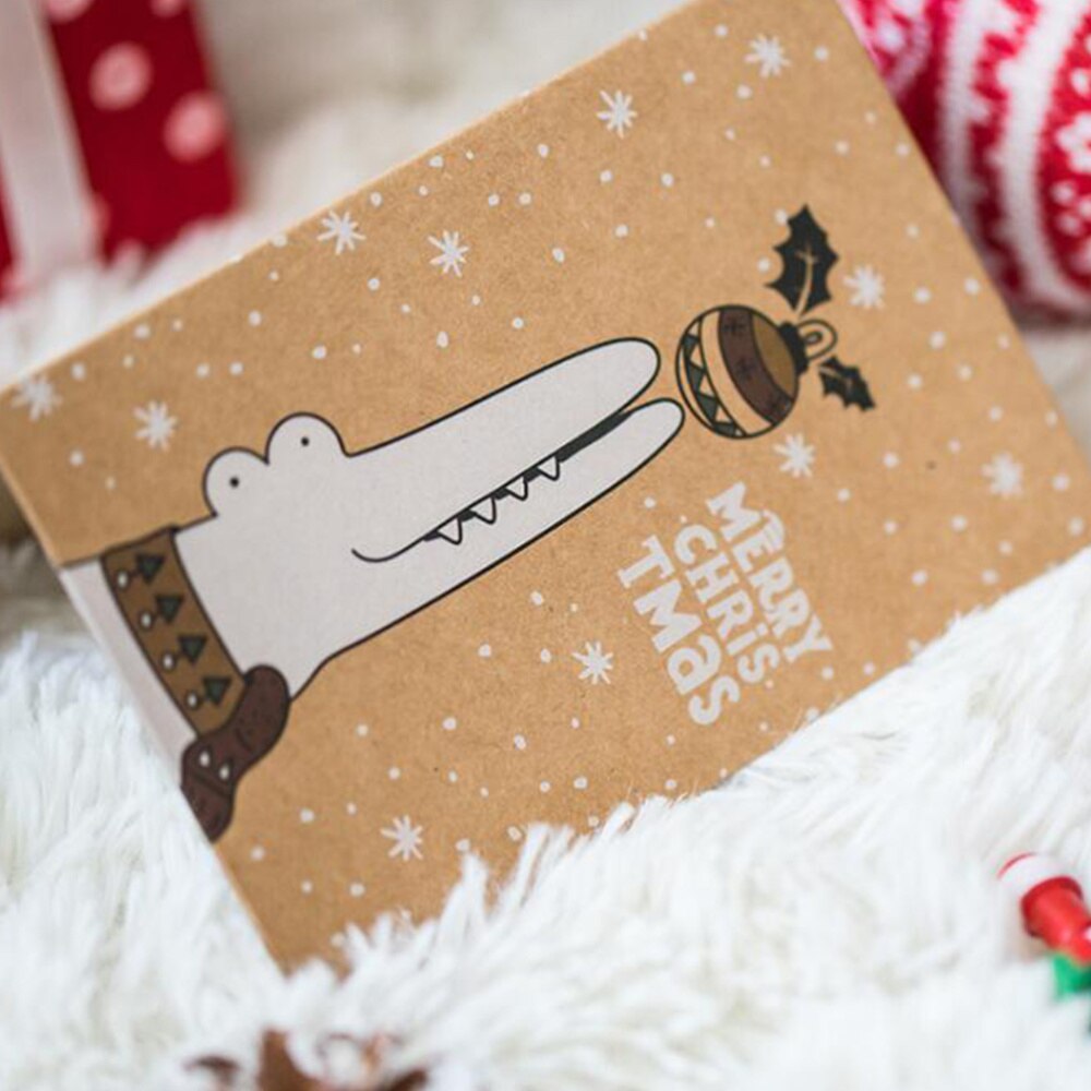12 stk tegneserie velsignelseskort kraftpapir lykønskningskort juleønskekort med envolope (enhjørning elg flamingo krokodille patte