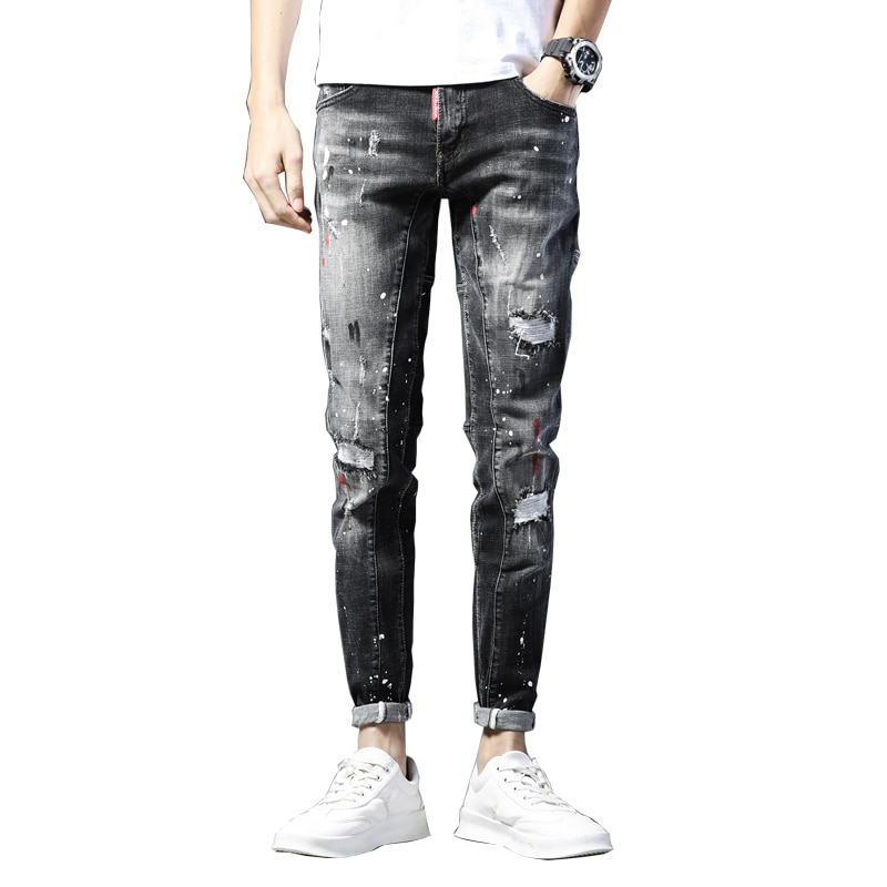 Skinny jeans mænd revet jeans til elastisk maling slanke bukser herretøj hip hop streetwear forår efterår dybgrå
