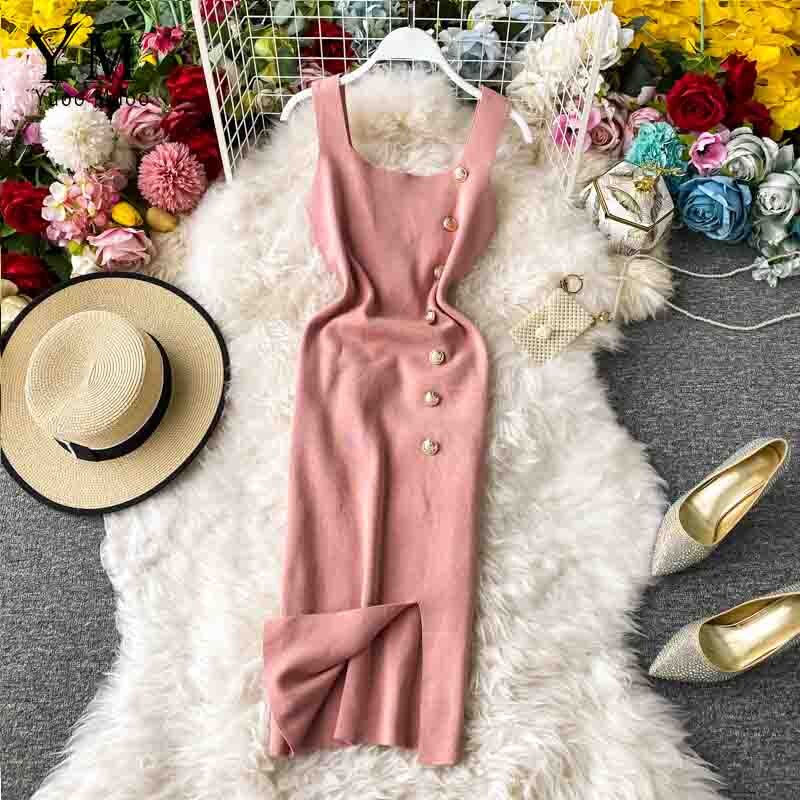 Yuoomuoo ins kvinder sommer strikkjole sommerknapper split bodycon kjole slank dame kontorkjole: Lyserød