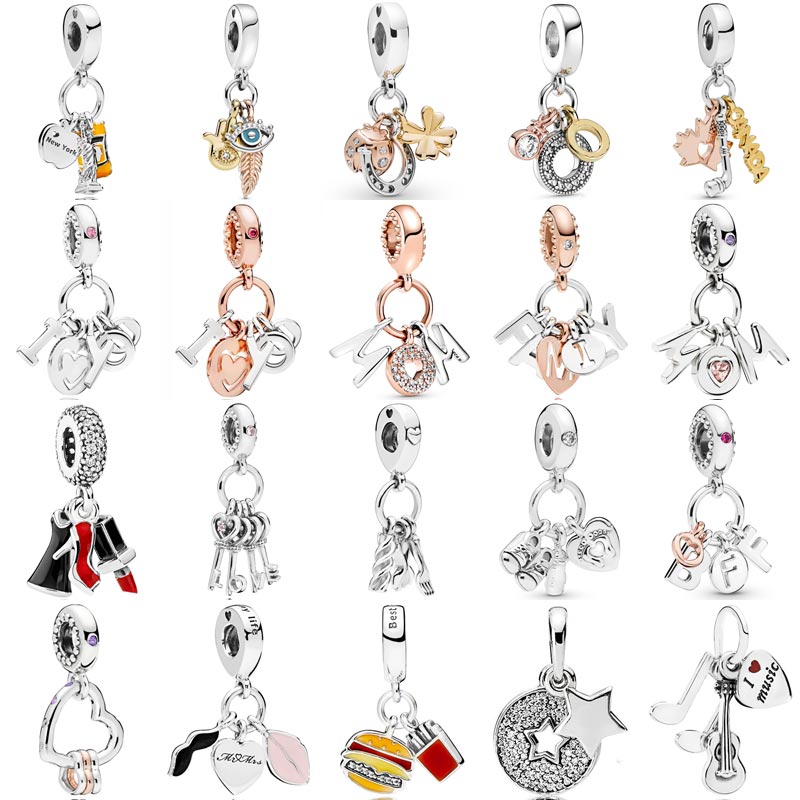 Pandora York podkreśla potrójny Monogram pióro duchowość wisiorek koraliki 925 srebro Charms Fit bransoletka DIY biżuteria