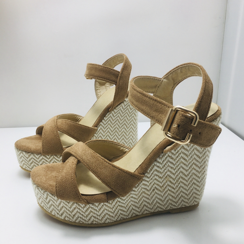 REAVE CAT Summer Slingbacks Open Toe Stretch Fabric Buckle Cross Strap 12.5cm Wedge Sandal With Platform Size 30-48 Hemp