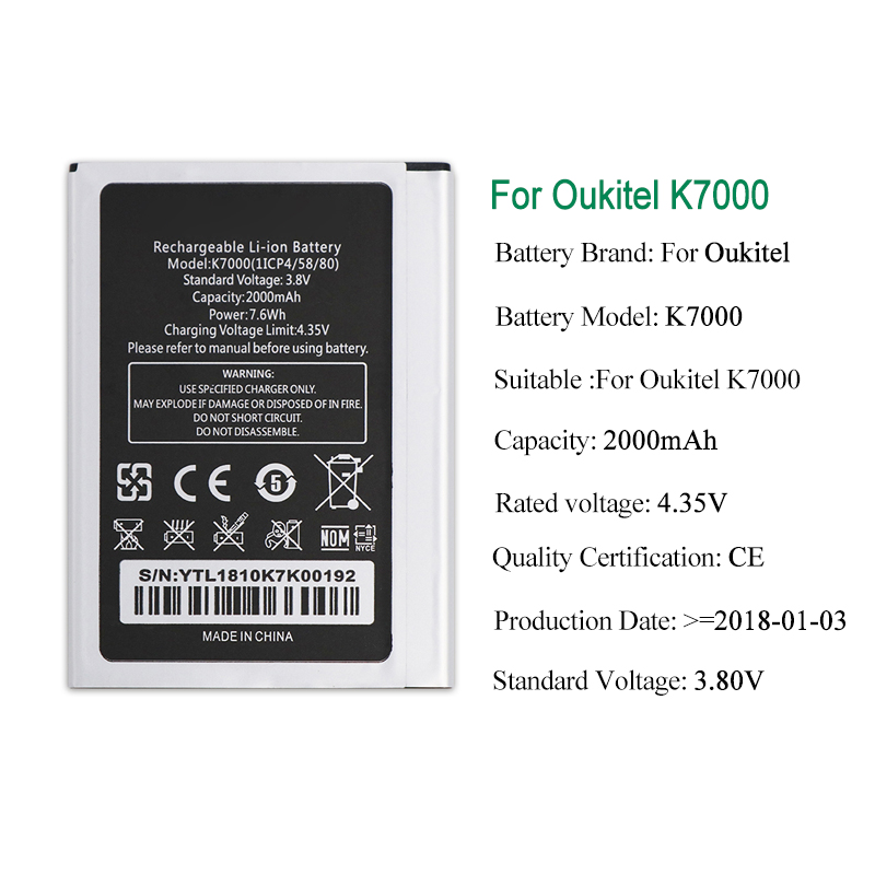 Jrz 2000Mah Voor Oukitel K7000 Batterij Voor Oukitel K7000 Telefoon Vervanging Batterijen Bateria